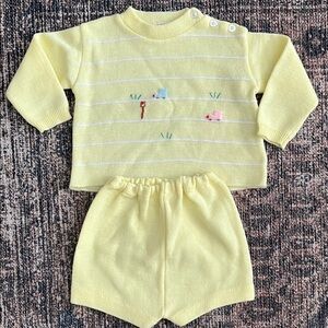Novelty Knit Vintage Yellow Striped Baby Sweater and Shorts Set